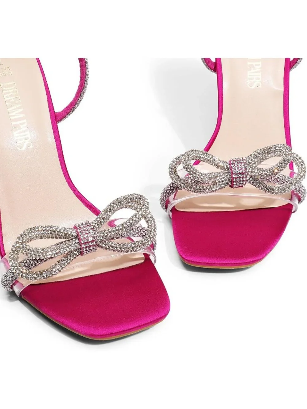Women's Hot Pink Double Bowknots Crystal Clear Slingback Square Toe Wedding Heel